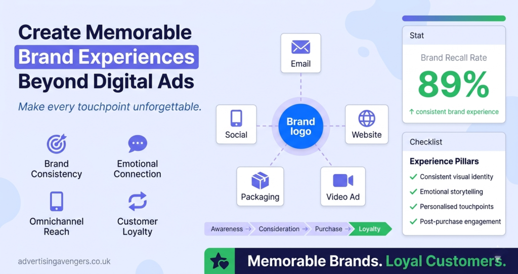 Brand experience concept showing emotional marketing, customer engagement, and multi-sensory branding beyond digital ads