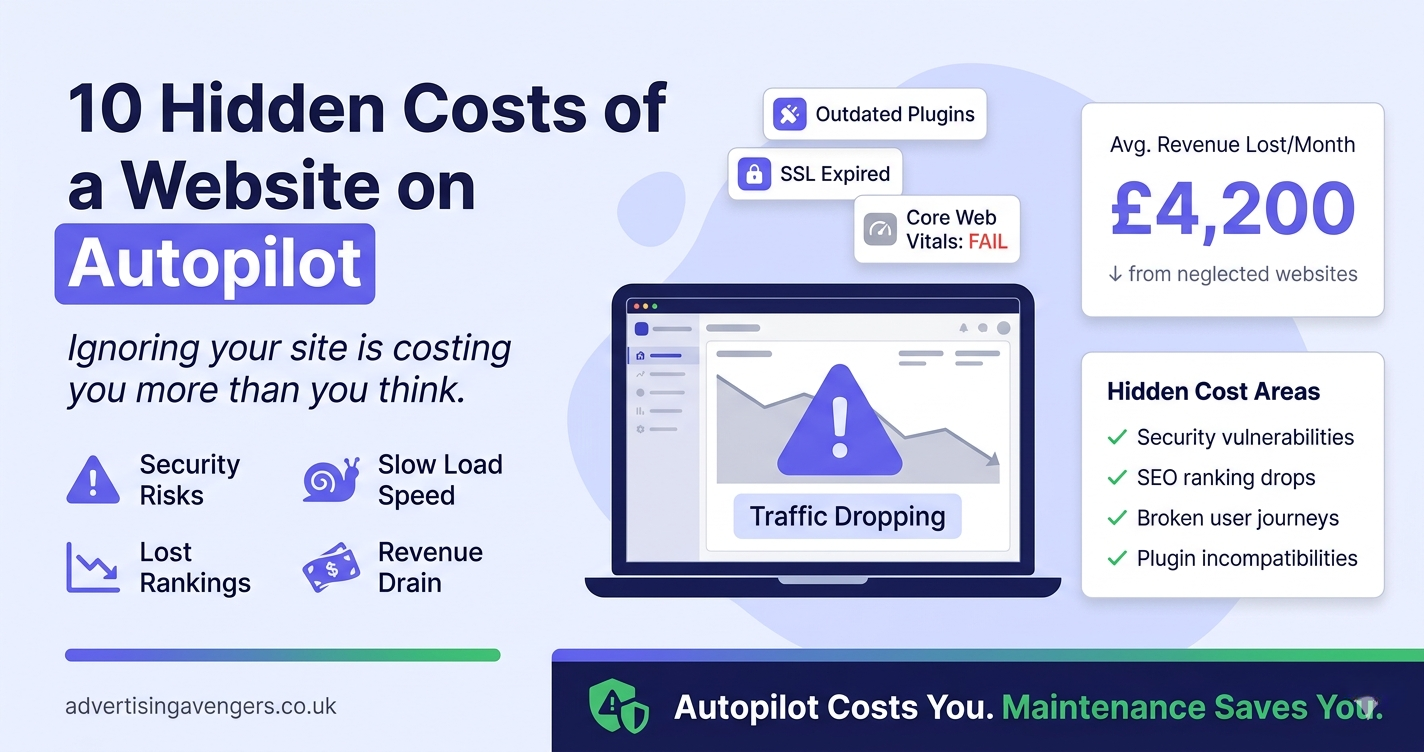 Illustration showing hidden costs and performance decline of a neglected business website