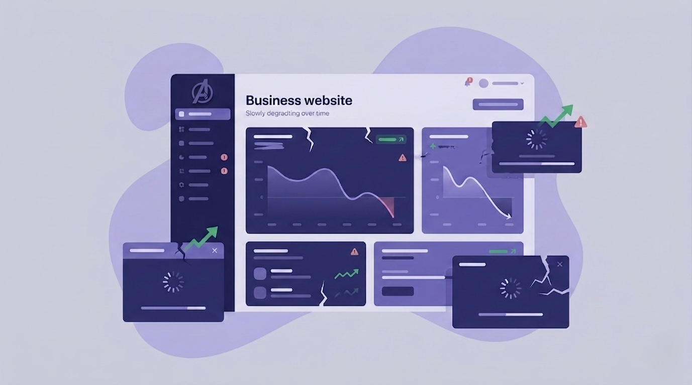 Illustration showing hidden costs and performance decline of a neglected business website