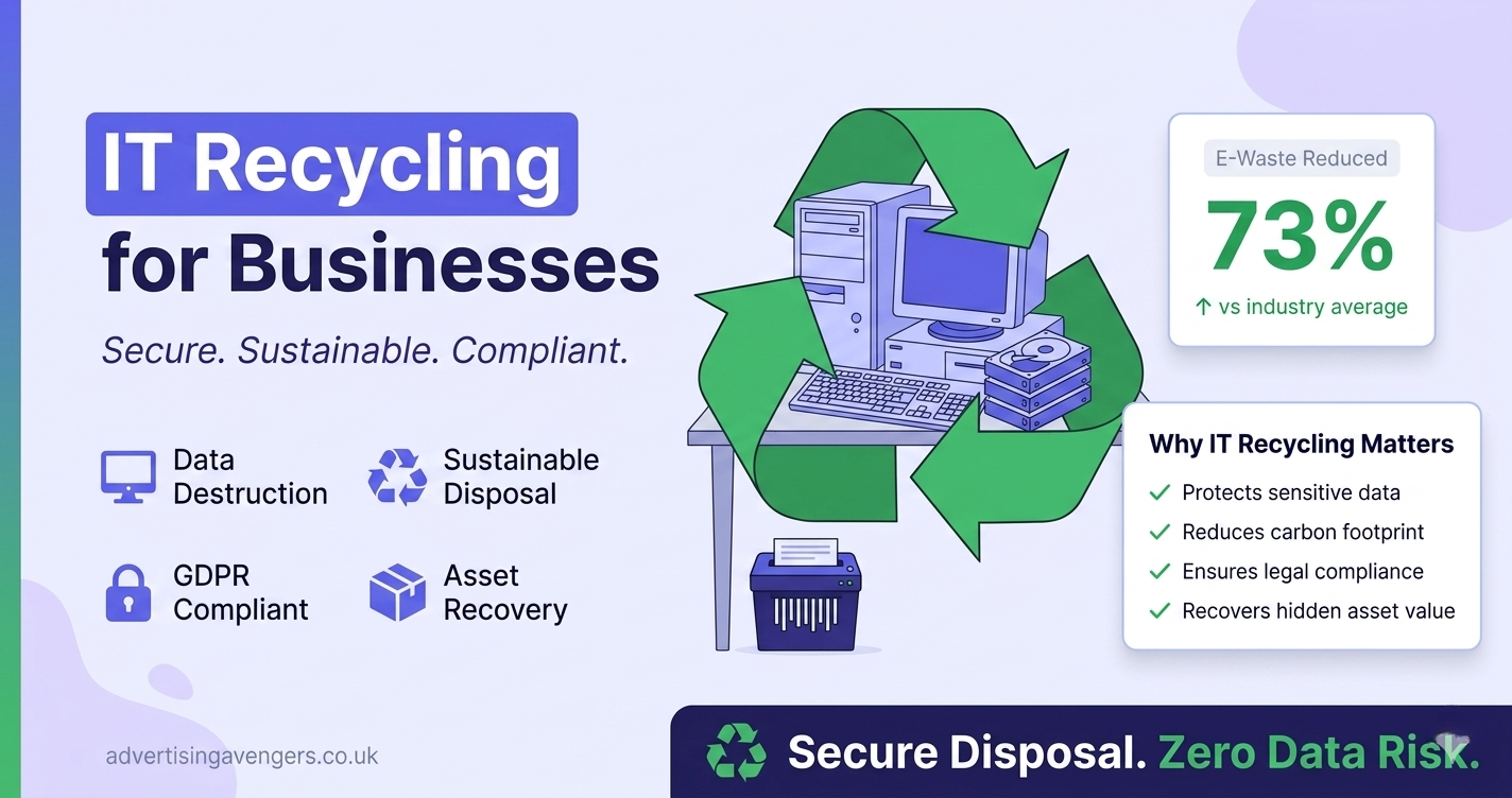 Illustration showing secure IT recycling process with data destruction and sustainable disposal