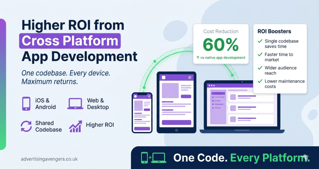 Illustration showing cross platform app development improving ROI with shared codebase and performance optimization