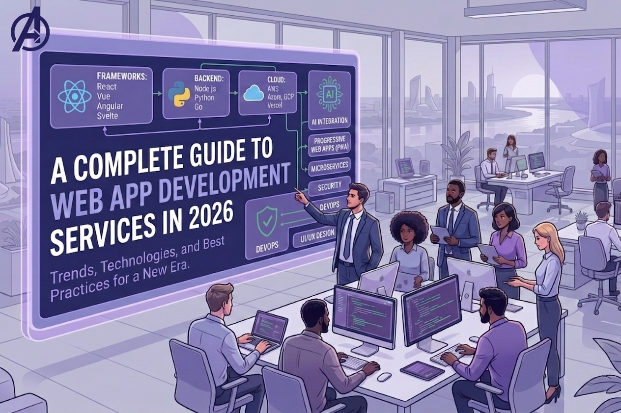 Illustration of modern web app development process with cloud, APIs, and scalable systems in 2026