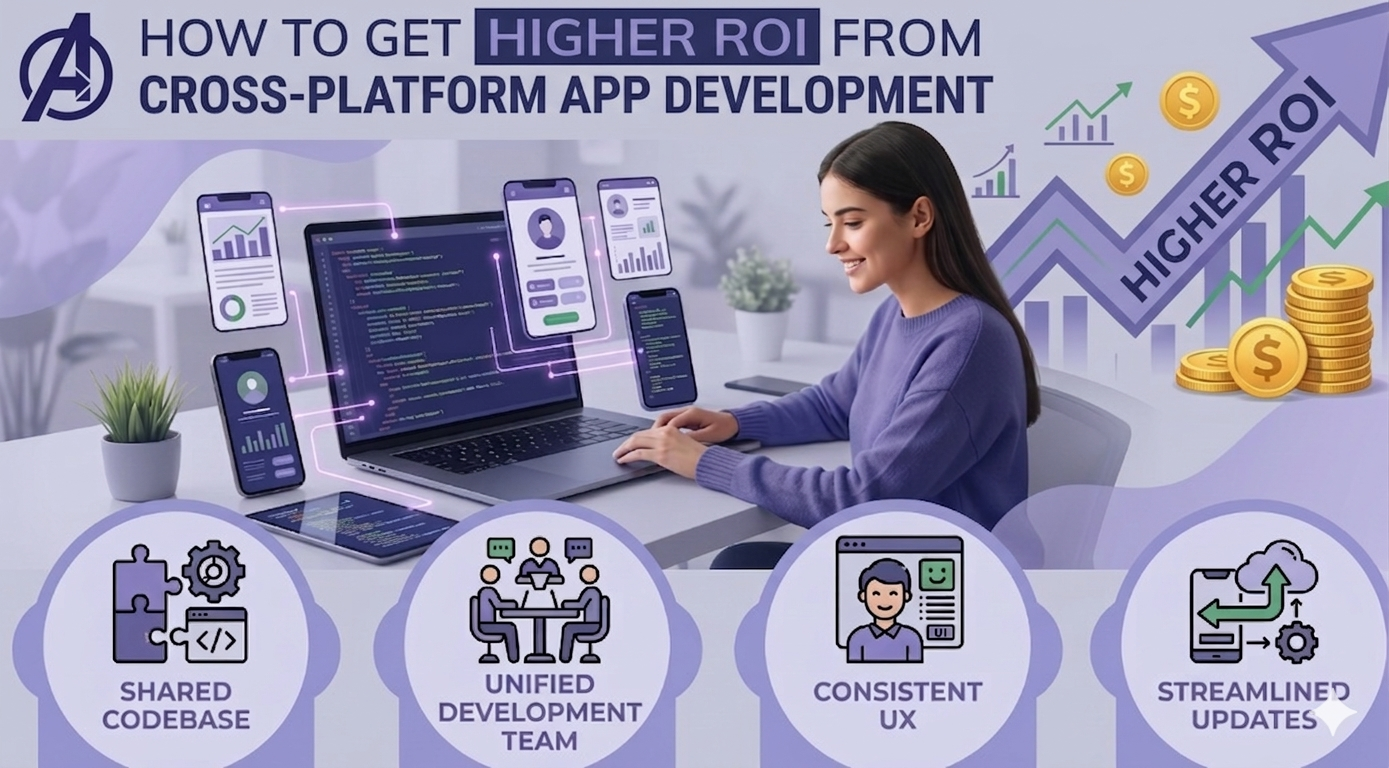 Illustration showing cross platform app development improving ROI with shared codebase and performance optimization