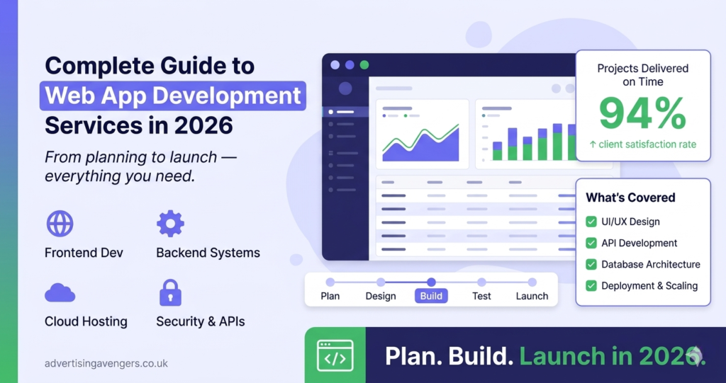 Illustration of modern web app development process with cloud, APIs, and scalable systems in 2026