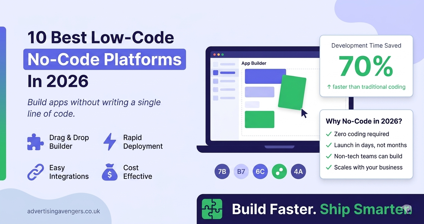 Illustration of low-code no-code development platforms with visual app builders and automation tools