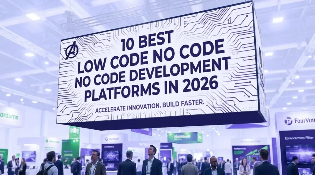 Illustration of low-code no-code development platforms with visual app builders and automation tools