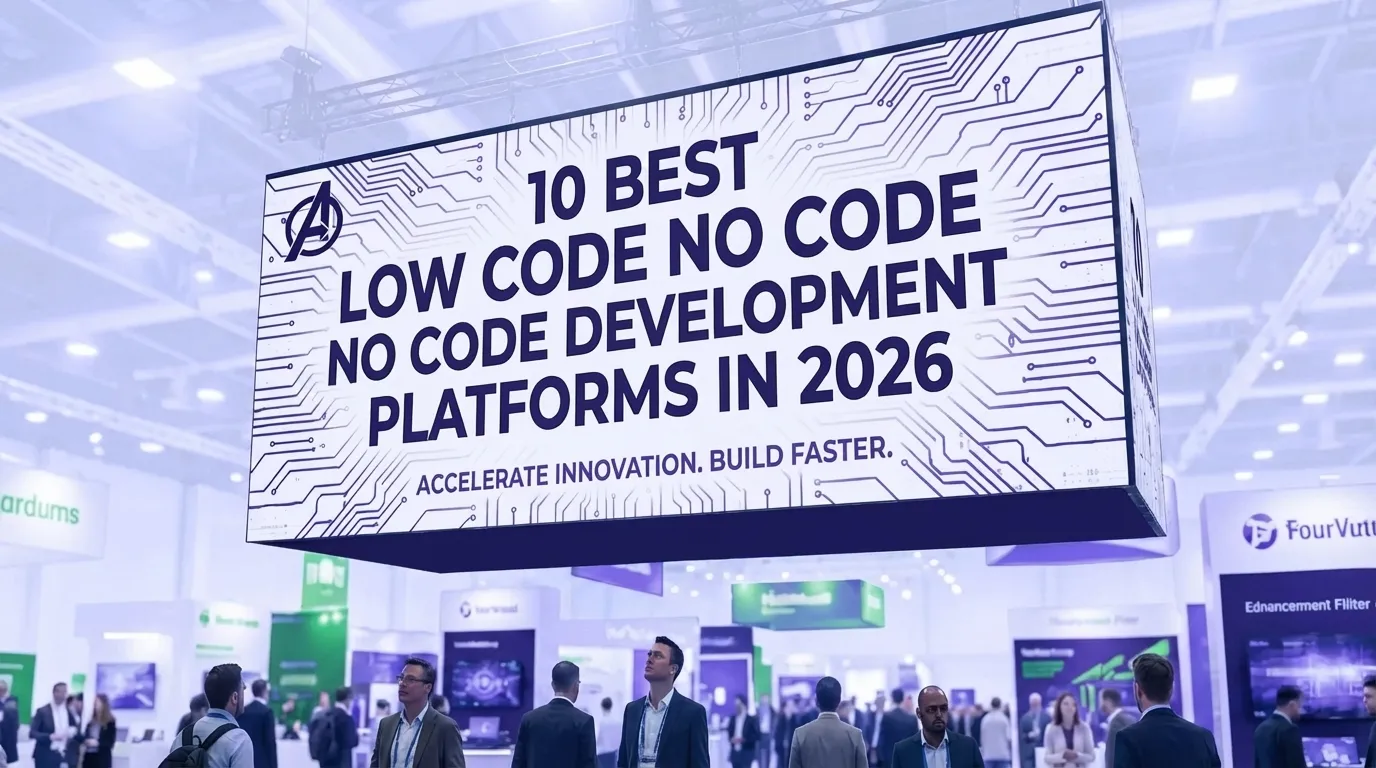 Illustration of low-code no-code development platforms with visual app builders and automation tools