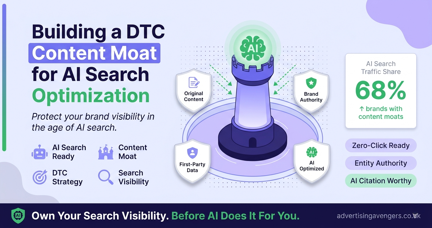 DTC content moat strategy for AI search optimization showing brand authority and search visibility framework