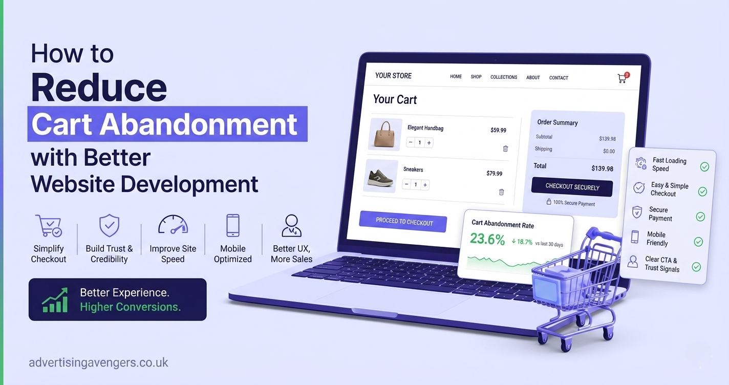 Illustration showing how better website development reduces cart abandonment and improves checkout conversions