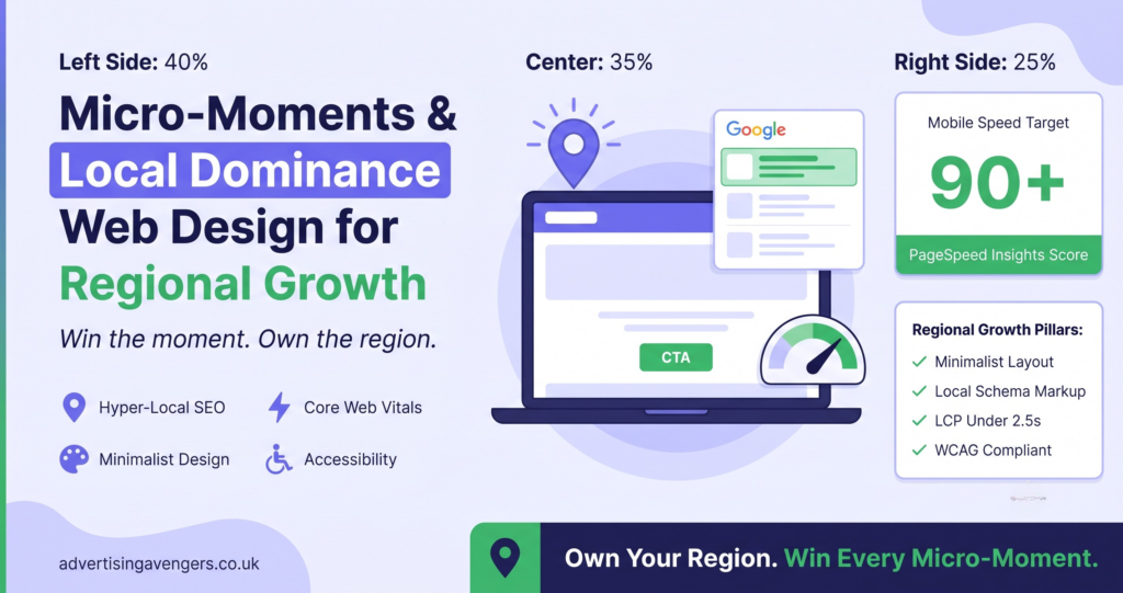 Micro-moments and local SEO web design strategy for regional business growth showing minimalist layout and performance metrics